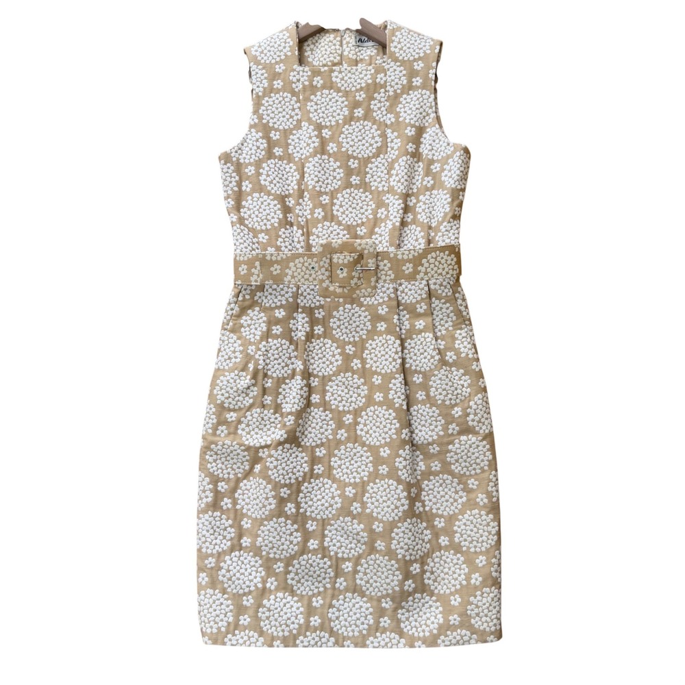 Adele Simpson‎ Sheath Dress 8 Tan White Floral Jacquard Belted Vintage 60s Mod